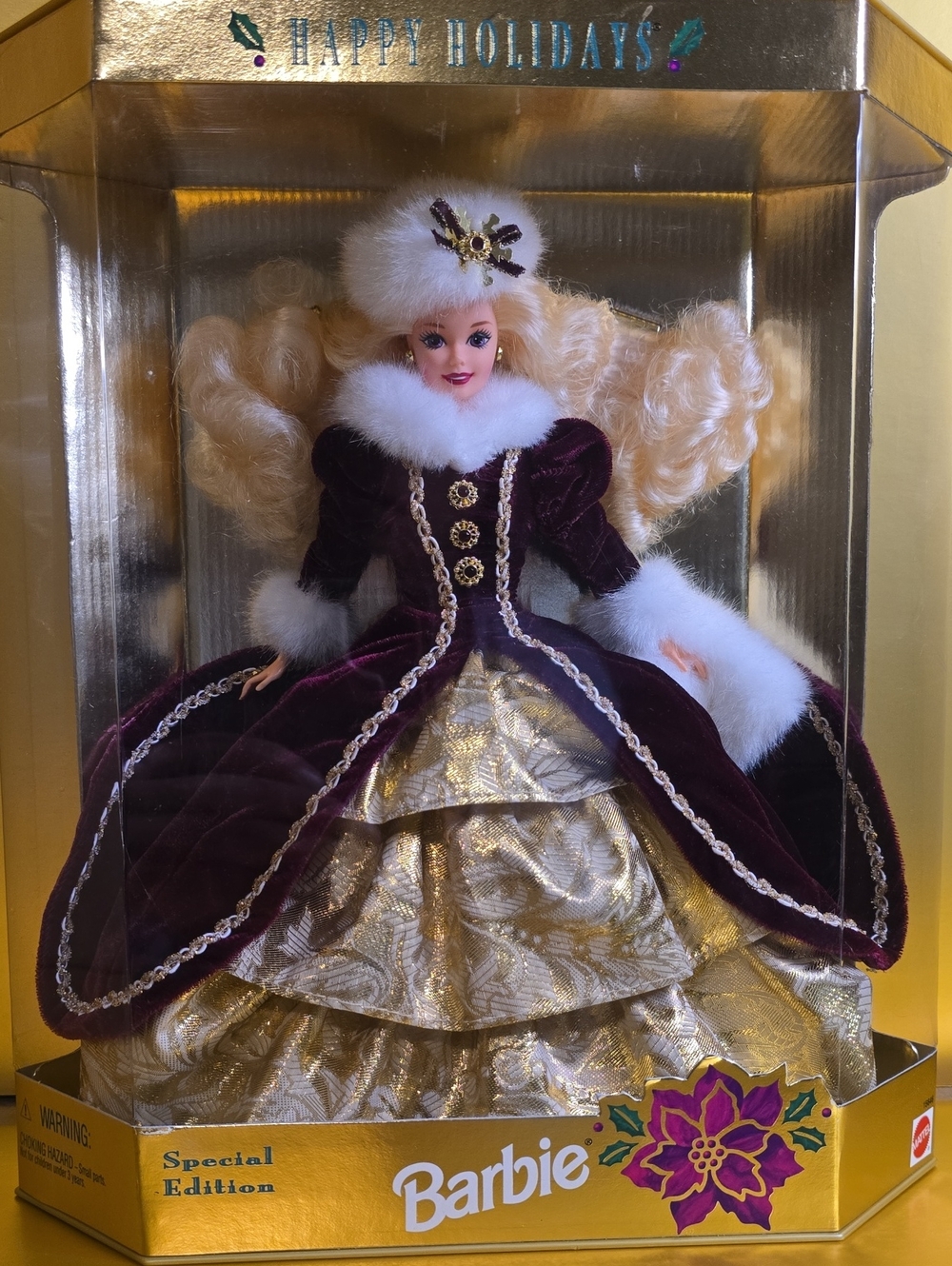 Barbie Holiday Doll Costume in Purple and Gold with White Trim